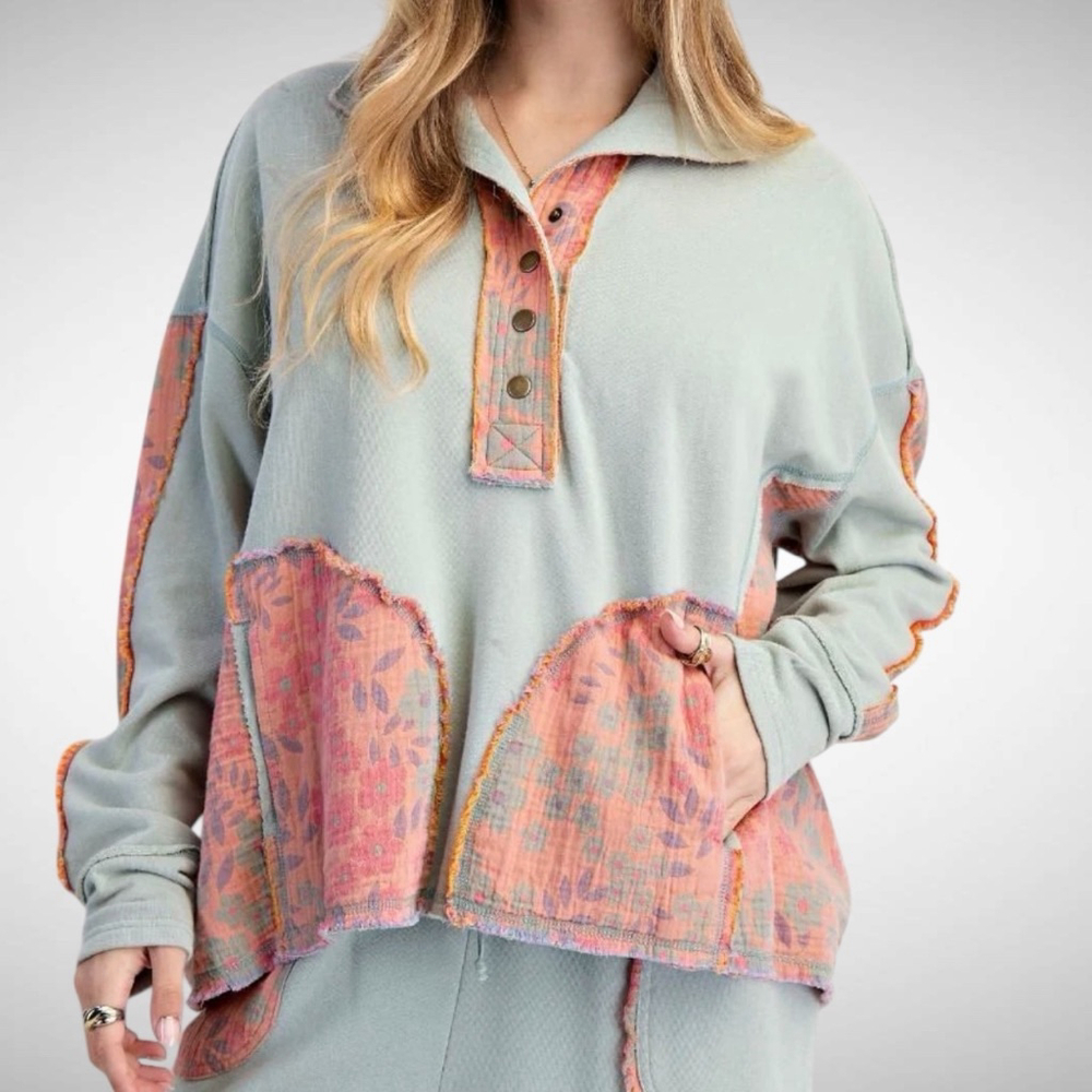 Easel Oversized Flower Patchwork Mock Neck Terry Knit Top in Sage Size S